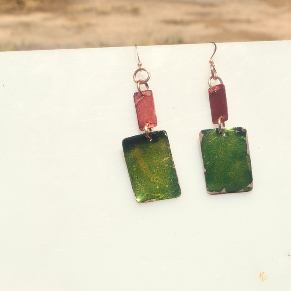 Green Red Geometric Pure Copper Handmade Earrings Abstract Hand Painted Drop - Picture 8 of 8